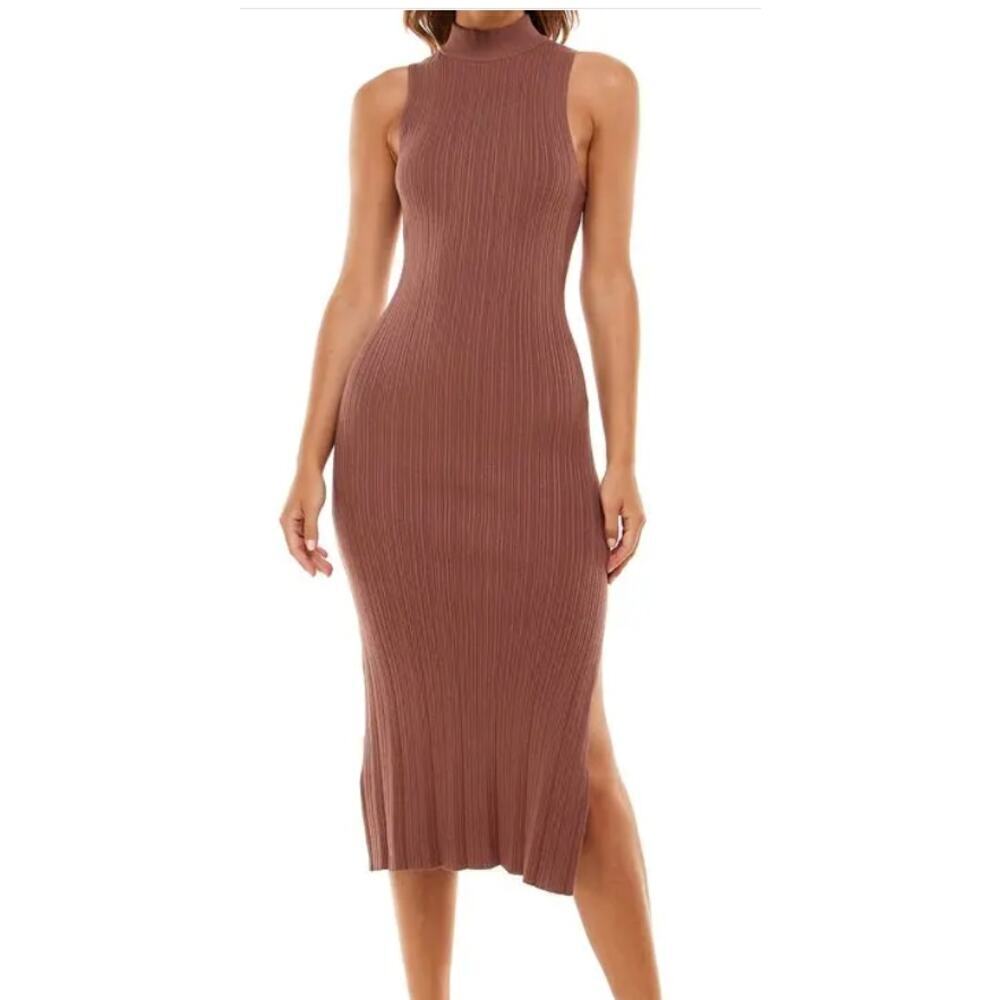 Wayf Womens Midi Dress Size Large L Brown Ribbed Minimalist Beachy Mock Neck